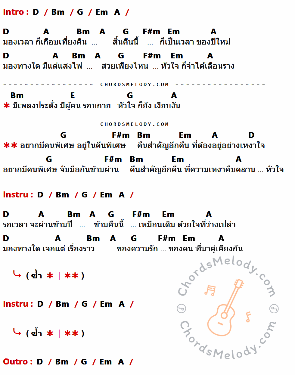 เนื้อเพลง คืนข้ามปี ของ Da Endorphine มีคอร์ดกีต้าร์ ในคีย์ที่ต่างกัน D,Bm,G,Em,A,F#m,E