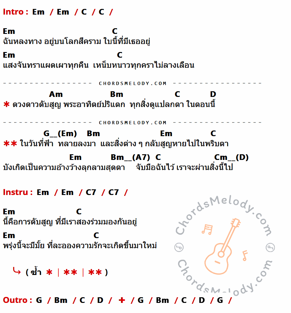 คอร์ดเพลง สูญ - Greasy Cafe เนื้อร้อง มีคอร์ดกีต้าร์ ในกลุ่มคีย์ Em,C,Am,Bm,D,C7,G กำกับ