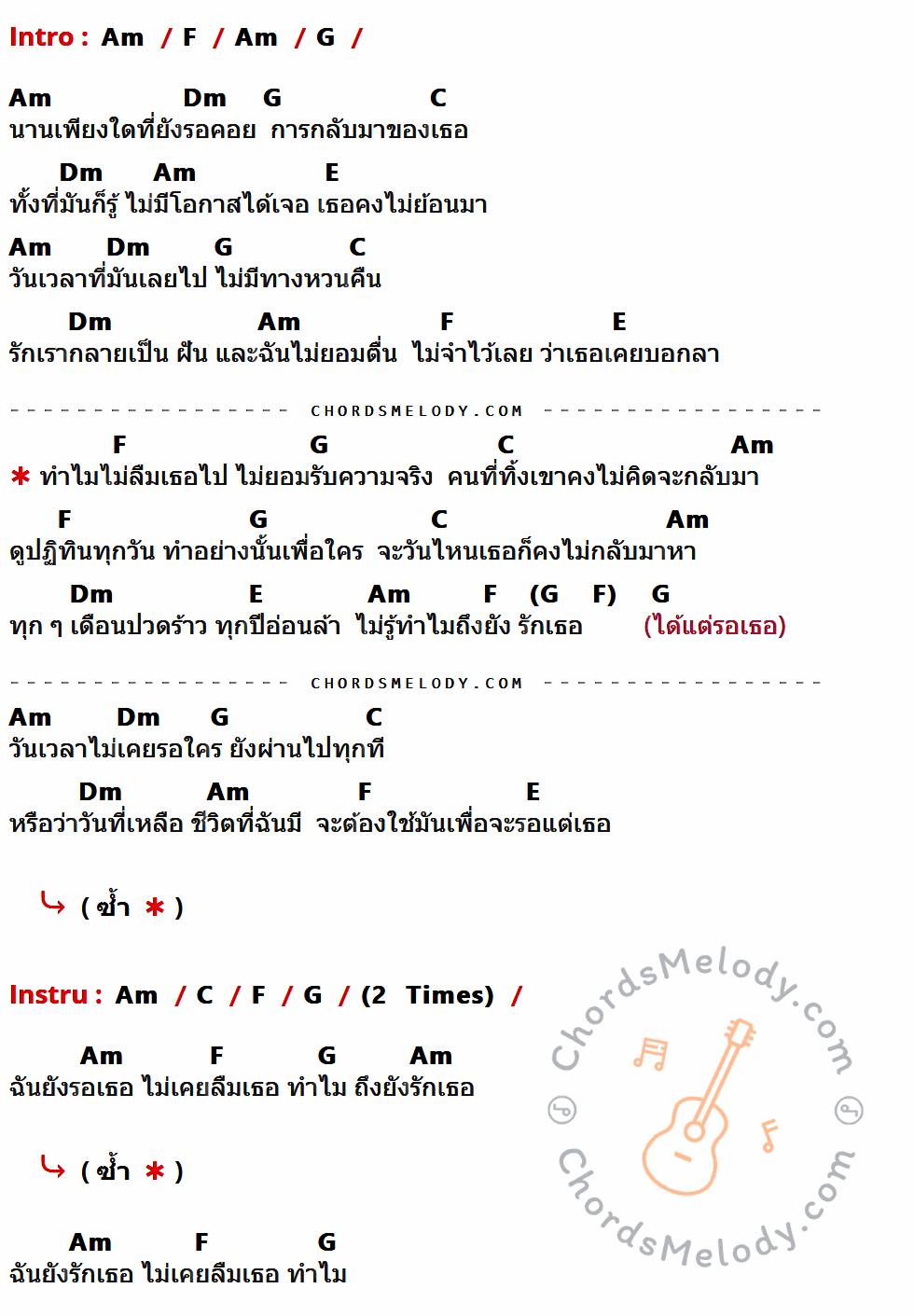 เนื้อเพลง ปฏิทิน ของ Labanoon มีคอร์ดกีต้าร์ ในคีย์ที่ต่างกัน Em,C,D,Am,G,B