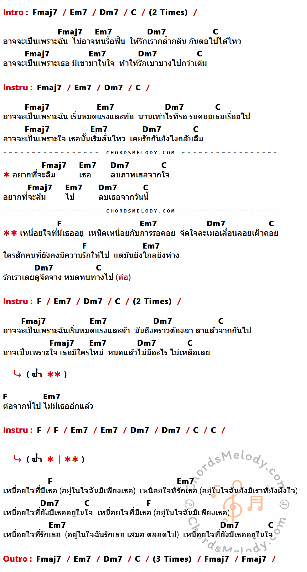 เนื้อเพลง อาจเพราะ ของ Cocktail มีคอร์ดกีต้าร์ ในคีย์ที่ต่างกัน Fmaj7,Em7,Dm7,C,F