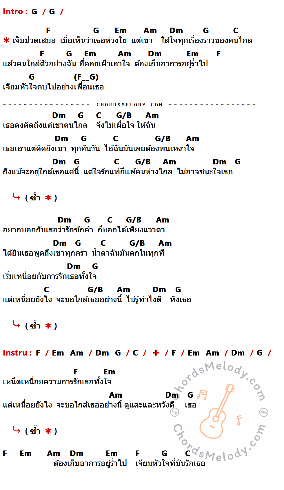 คอร์ดเพลง แพ้คนห่างไกล - Dr.Fuu เนื้อร้อง มีคอร์ดกีต้าร์ ในกลุ่มคีย์ G,F,Em,Am,Dm,C,G/B กำกับ