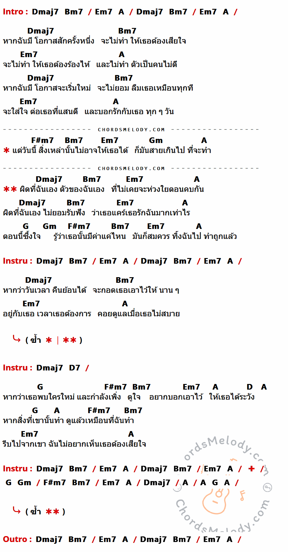 เนื้อเพลง ผิดที่ฉันเอง ของ Etc มีคอร์ดกีต้าร์ ในคีย์ที่ต่างกัน Dmaj7,Bm7,Em7,A,F#m7,Gm,G,D