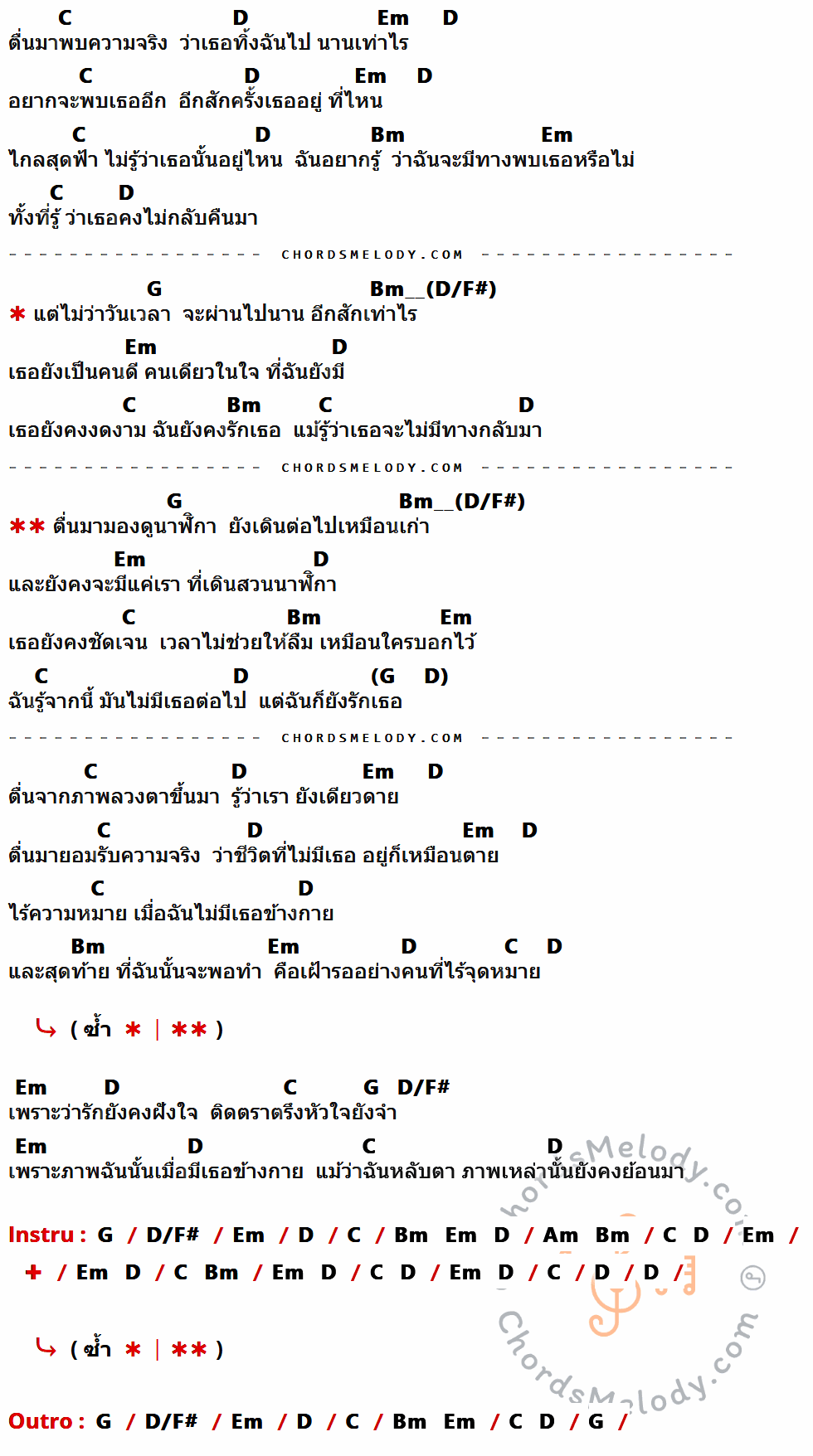 เนื้อเพลง เวลา ของ Cocktail มีคอร์ดกีต้าร์ ในคีย์ที่ต่างกัน C,D,Em,Bm,G,D/F#,Am