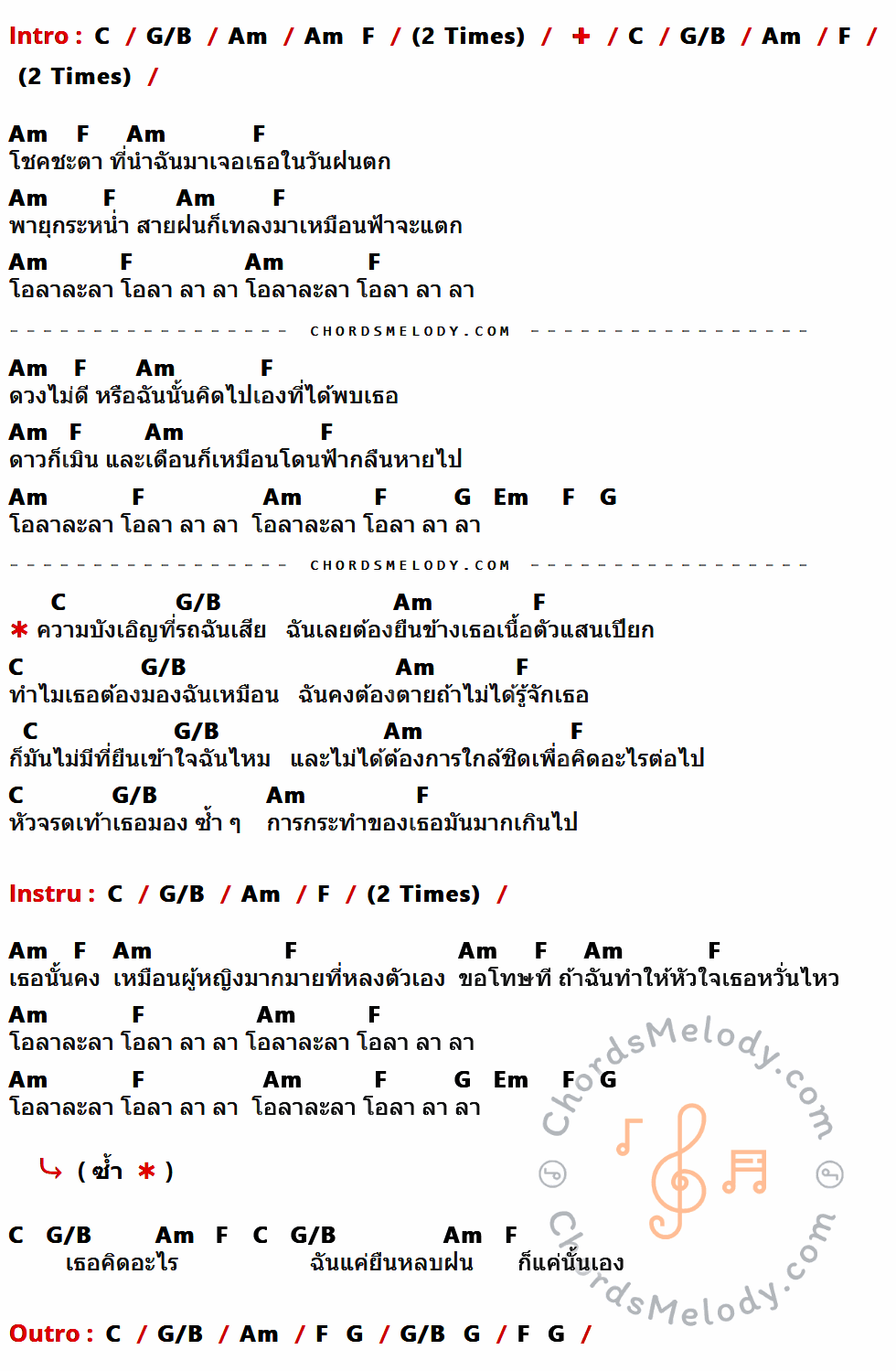 เนื้อเพลง ความบังเอิญ ของ Greasy Cafe มีคอร์ดกีต้าร์ ในคีย์ที่ต่างกัน C,G/B,Am,F,G,Em