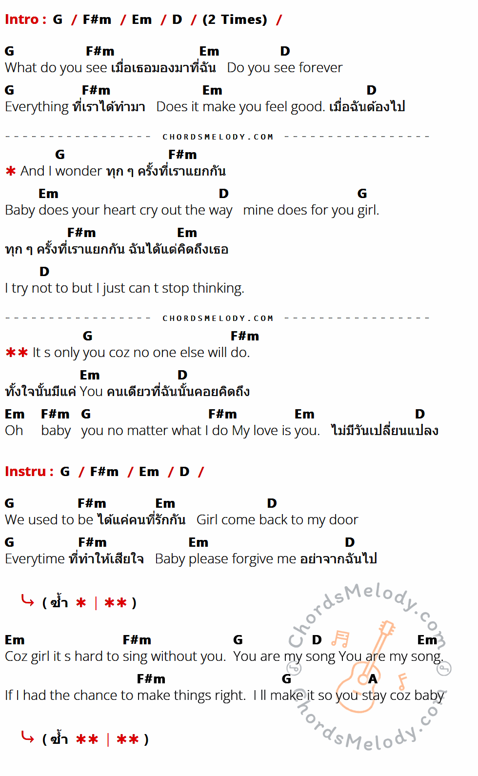 เนื้อเพลง You ของ Golf Mike มีคอร์ดกีต้าร์ ในคีย์ที่ต่างกัน G,F#m,Em,D,A