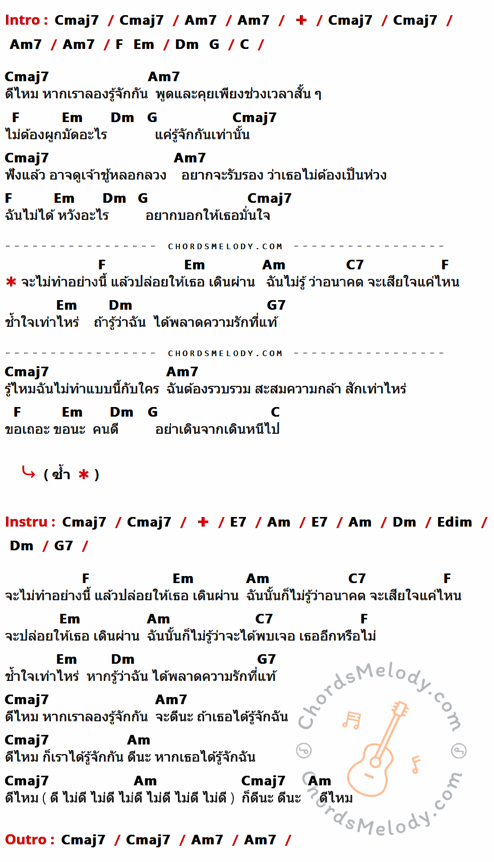 คอร์ดเพลง ถ้าปล่อยให้เธอเดินผ่าน - Groove Rider เนื้อร้อง มีคอร์ดกีต้าร์ ในกลุ่มคีย์ Cmaj7,Am7,C,F,Em,Dm,G,Am,C7,G7,E7,Edim กำกับ
