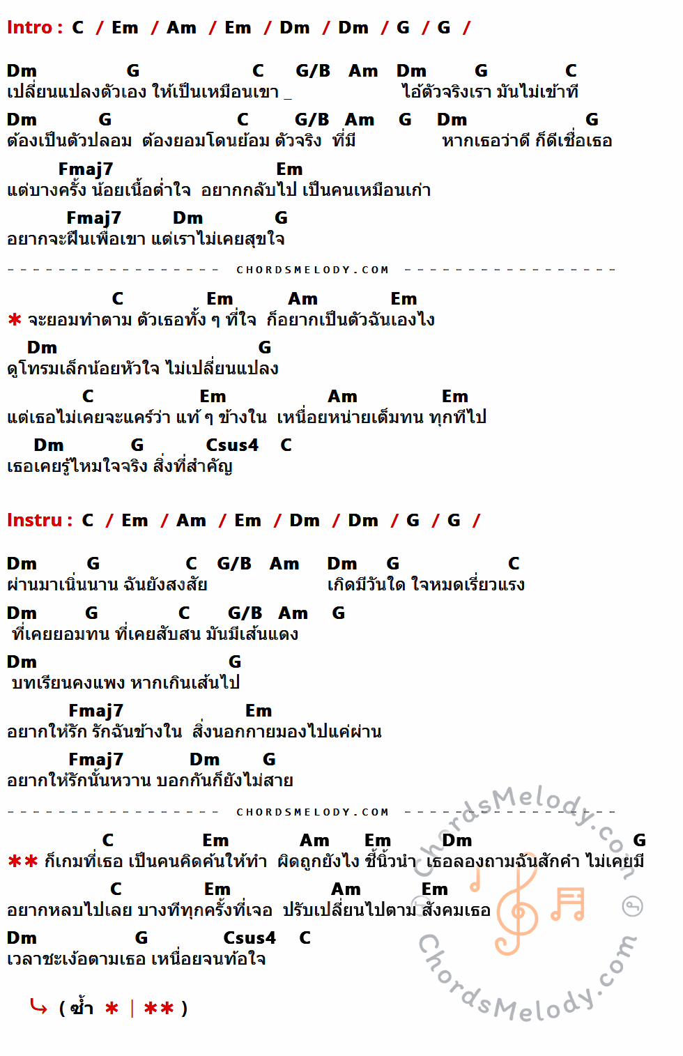 เนื้อเพลง ตัวปลอม ของ Hydra มีคอร์ดกีต้าร์ ในคีย์ที่ต่างกัน C,Em,Am,Dm,G,G/B,Fmaj7,Csus4