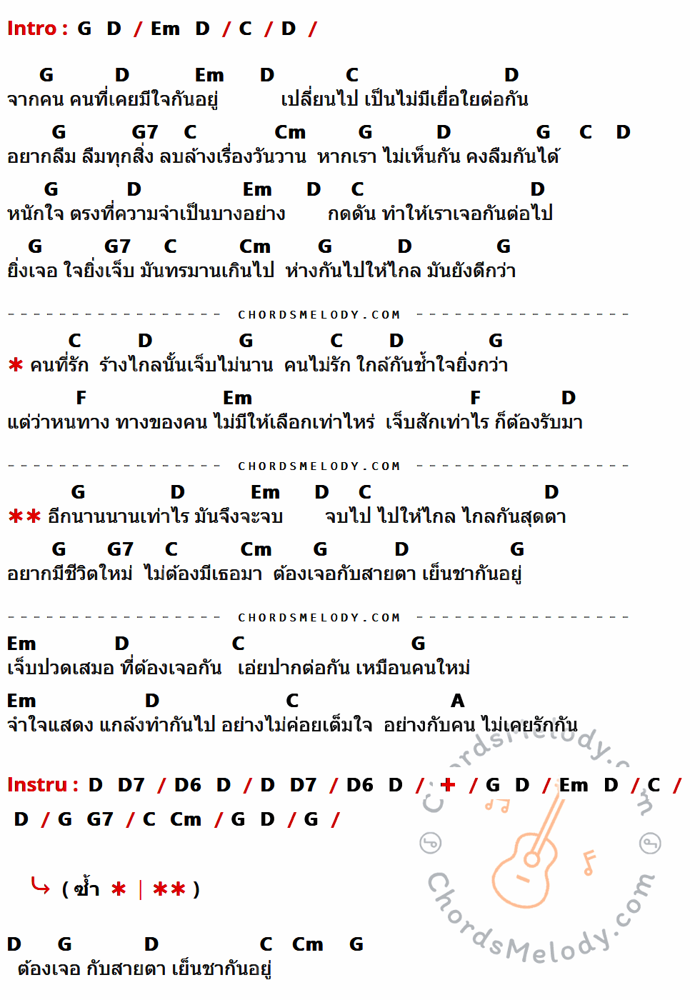 เนื้อเพลง ยิ่งใกล้ยิ่งเจ็บ ของ Inca มีคอร์ดกีต้าร์ ในคีย์ที่ต่างกัน G,D,Em,C,G7,Cm,F,A,D7,D6