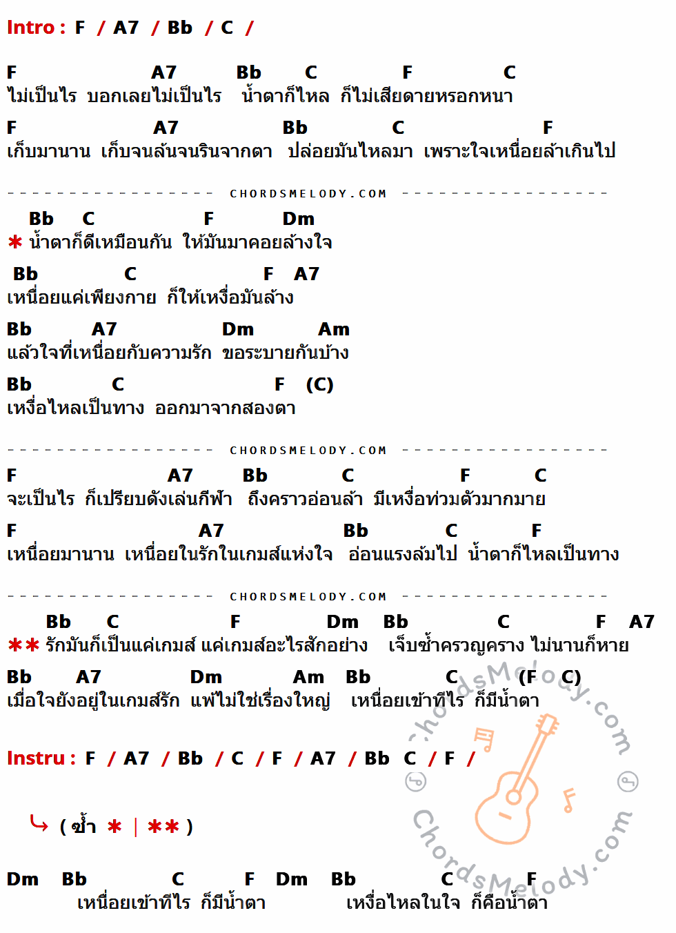 เนื้อเพลง ไม่เป็นไรเลย ของ Nuvo ที่มีคอร์ด ในกลุ่มคีย์ F,A7,Bb,C,Dm,Am ประกอบ