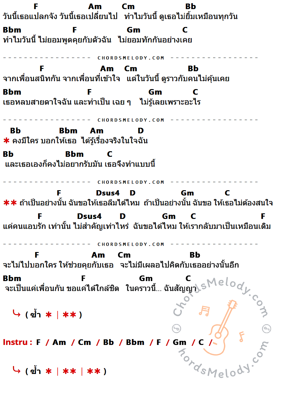 เนื้อเพลง วันที่เธอดูแปลก ของ Project H ที่มีคอร์ด ในกลุ่มคีย์ F,Am,Cm,Bb,Bbm,Gm,C,D,Dsus4 ประกอบ