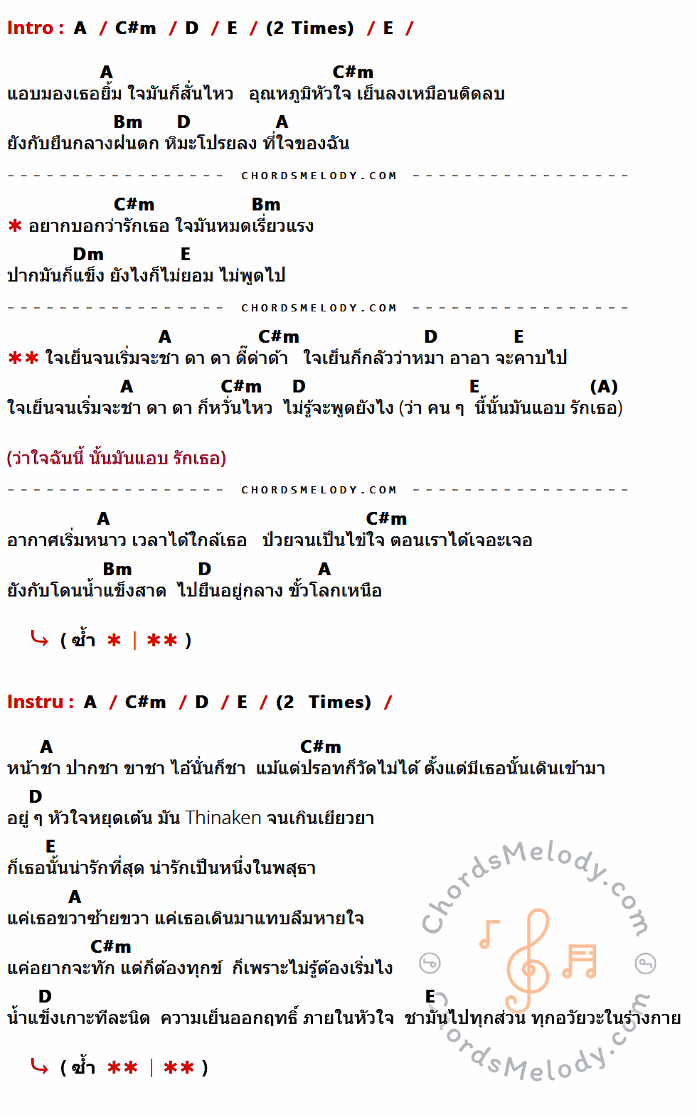 เนื้อเพลง ใจเย็น ของ Pancake ที่มีคอร์ด ในกลุ่มคีย์ A,C#m,D,E,Bm,Dm ประกอบ