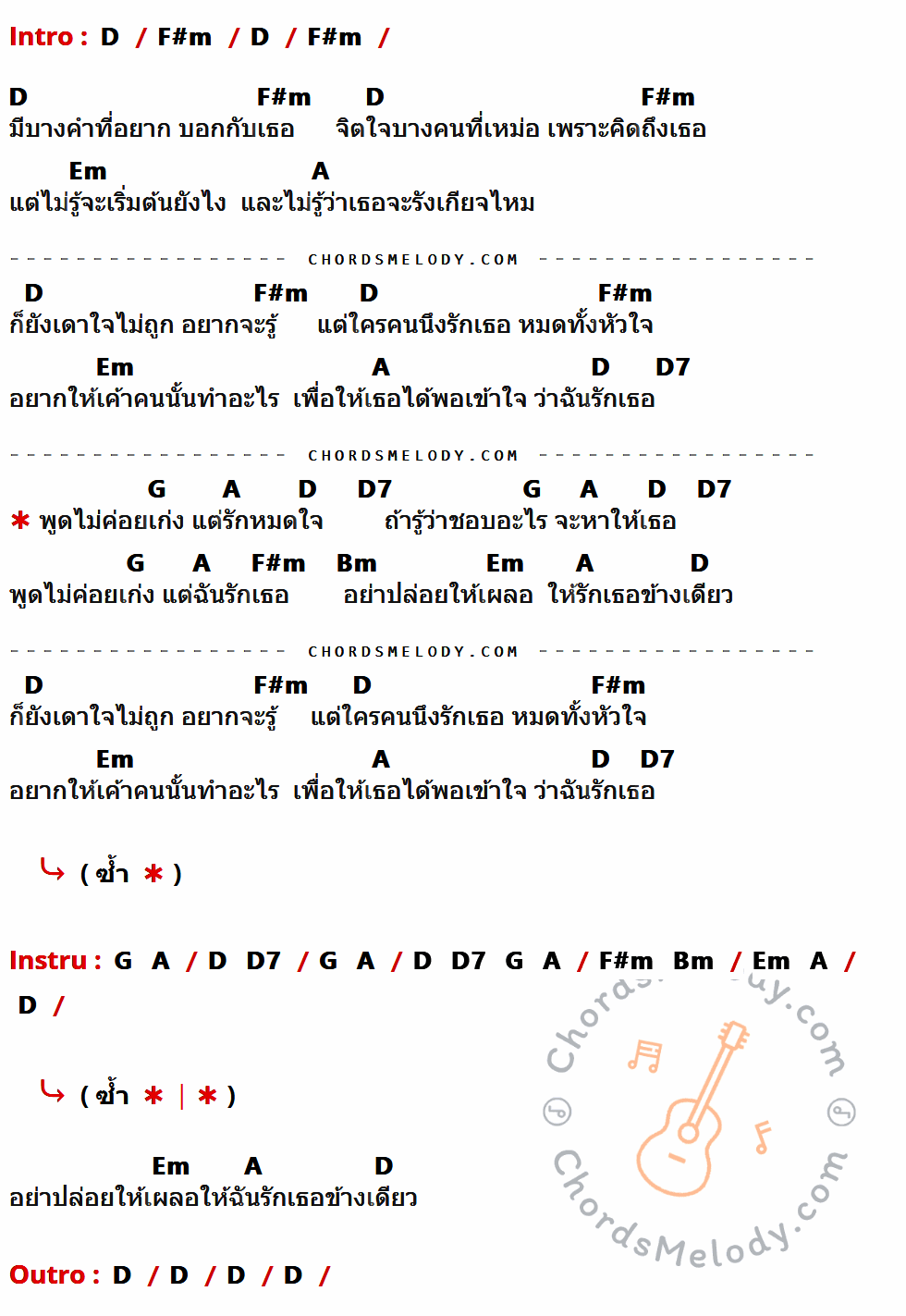 เนื้อเพลง พูดไม่ค่อยเก่ง ของ Lula ที่มีคอร์ดกีต้าร์ D,F#m,Em,A,D7,G,Bm