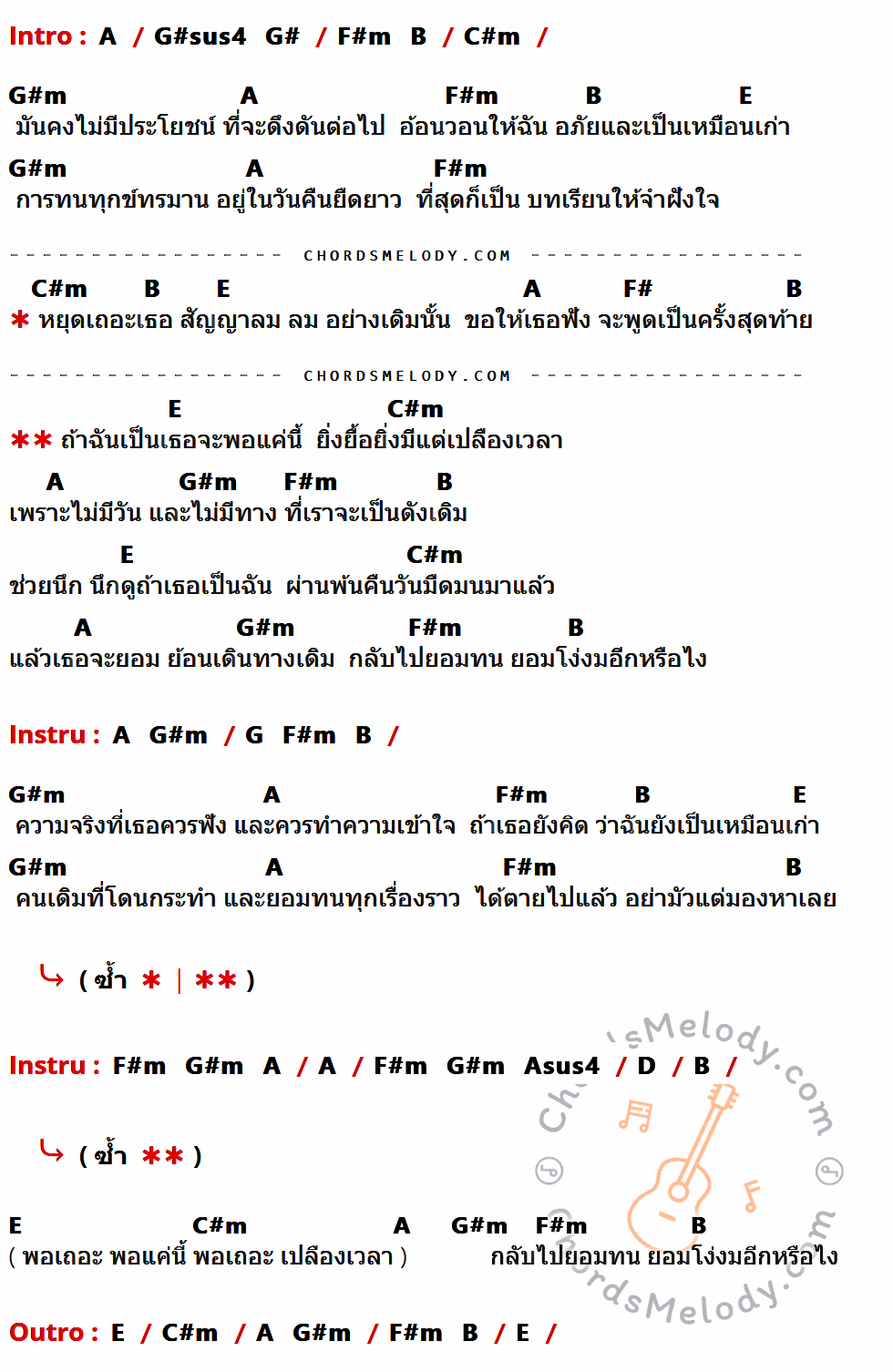 เนื้อเพลง ถ้าฉันเป็นเธอ ของ นิว จิ๋ว ที่มีคอร์ดกีต้าร์ A,G#sus4,G#,F#m,B,C#m,G#m,E,F#,G,Asus4,D