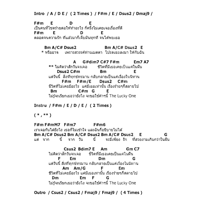 คอร์ดเพลง เนื้อเพลง The Lucky One, คอร์ดเพลง The Lucky One ของ Million Ways, คอร์ดเพลงของ Million Ways, เนื้อร้อง The Lucky One Million Ways, The Lucky One คอร์ดง่าย ๆ, คอร์ด The Lucky One ต้นฉบับ