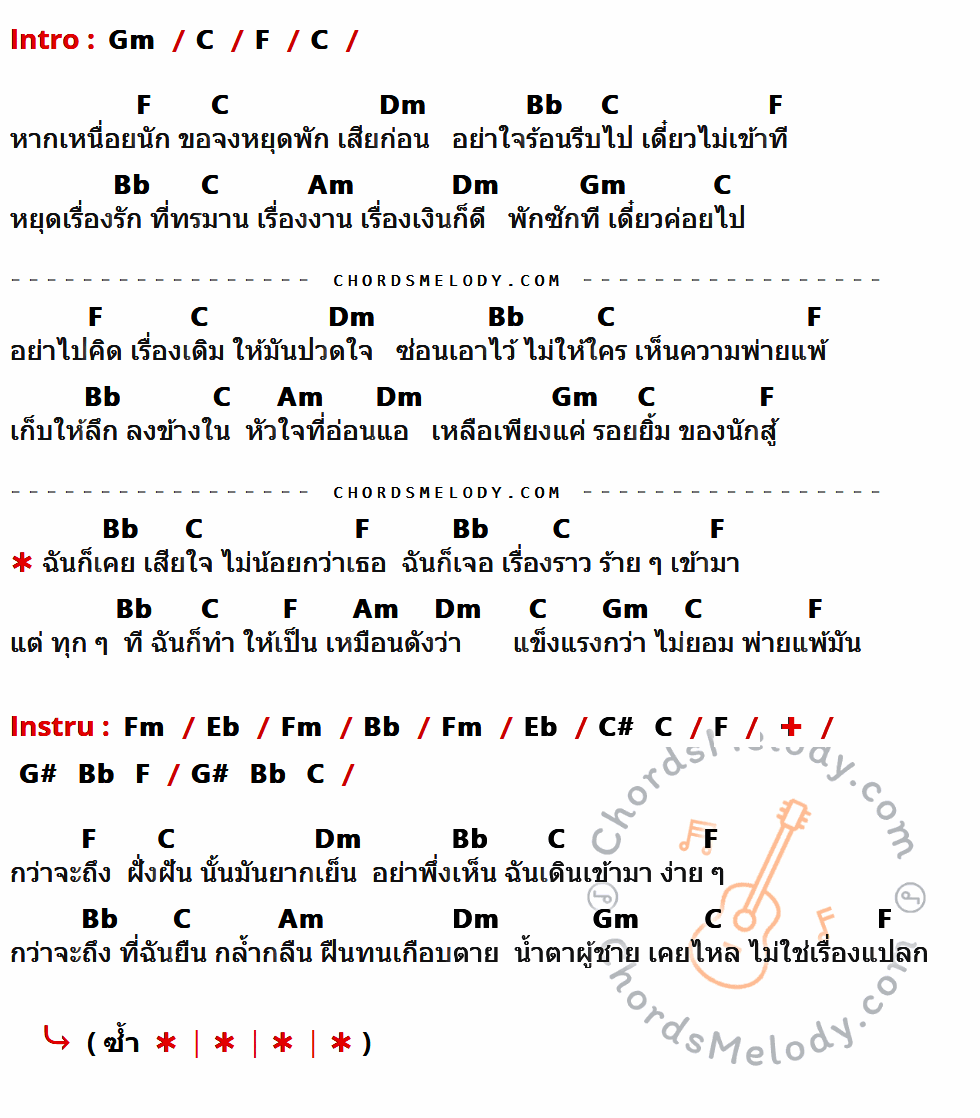 เนื้อเพลง รอยยิ้มนักสู้ ของ Loso ที่มีคอร์ดกีต้าร์ Gm,C,F,Dm,Bb,Am,Fm,Eb,C#,G#