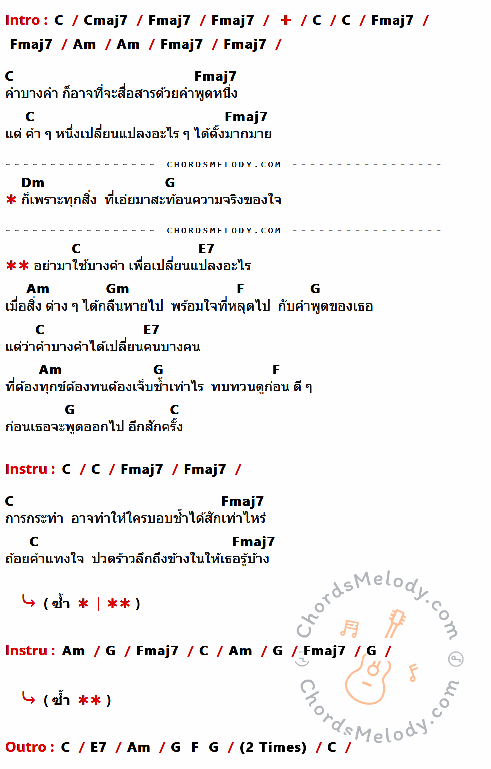 เนื้อเพลง แค่บางคำ ของ Musketee ที่มีคอร์ดกีต้าร์ C,Cmaj7,Fmaj7,Am,Dm,G,E7,Gm,F