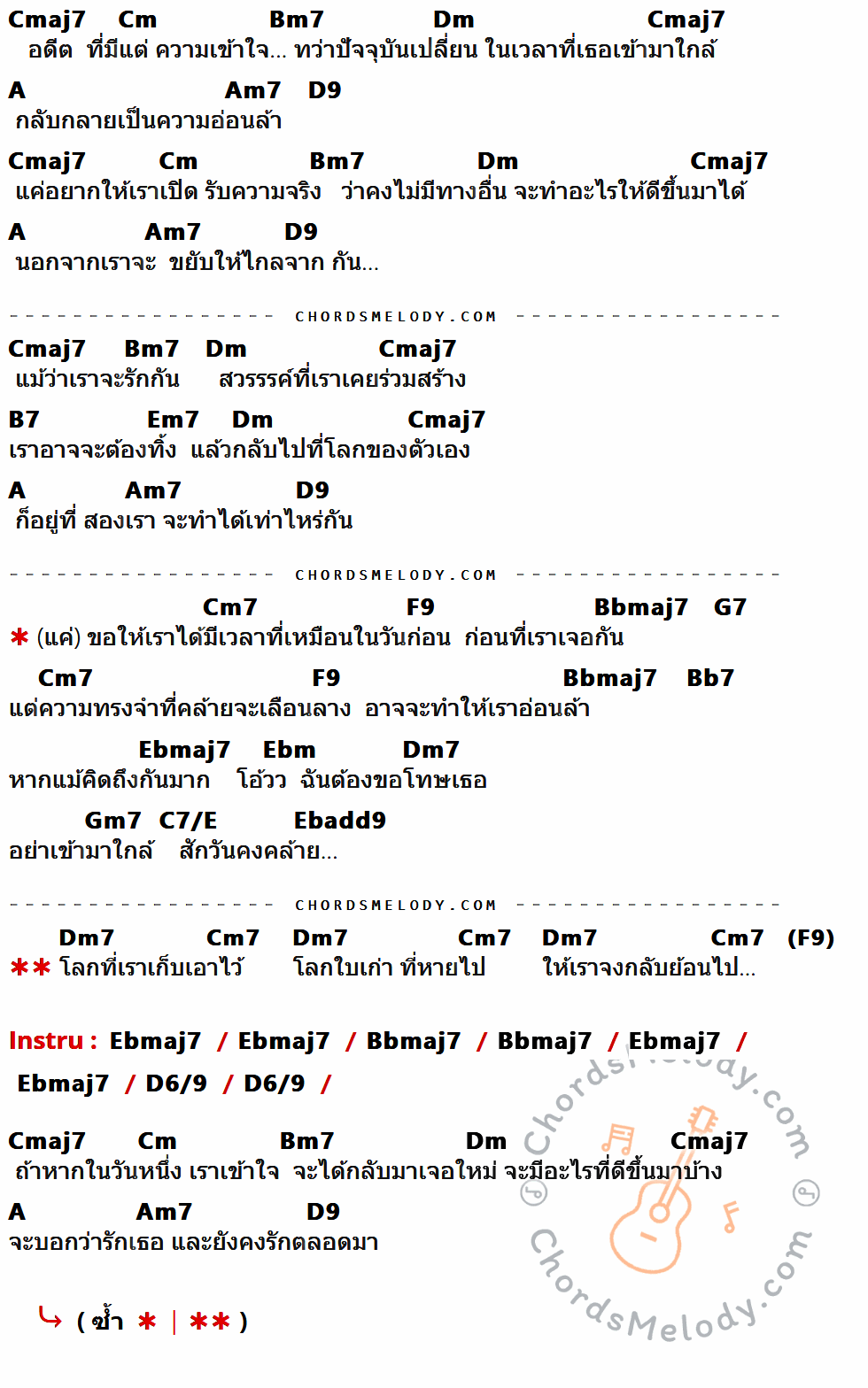 เนื้อเพลง กลับไปที่โลก ของ Penguin Villa ที่มีคอร์ดกีต้าร์ Cmaj7,Cm,Bm7,Dm,A,Am7,D9,B7,Em7,Cm7,F9,Bbmaj7,G7,Bb7,Ebmaj7,Ebm,Dm7,Gm7,C7/E,Ebadd9,D6/9