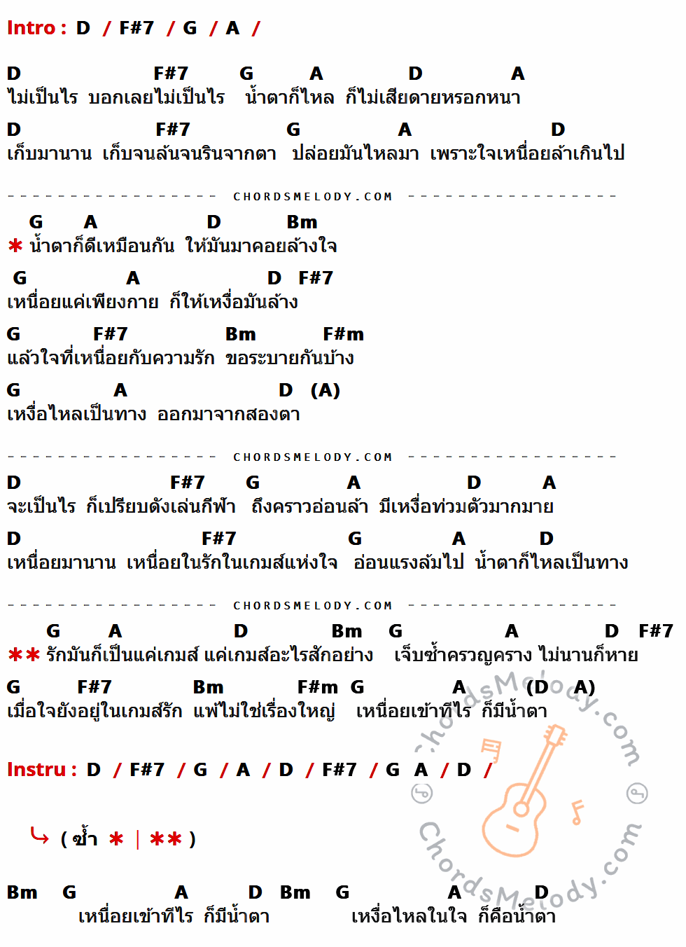 คอร์ดเพลง ไม่เป็นไรเลย - Nuvo เนื้อร้อง มีคอร์ดกีต้าร์ ในกลุ่มคีย์ D,F#7,G,A,Bm,F#m กำกับ