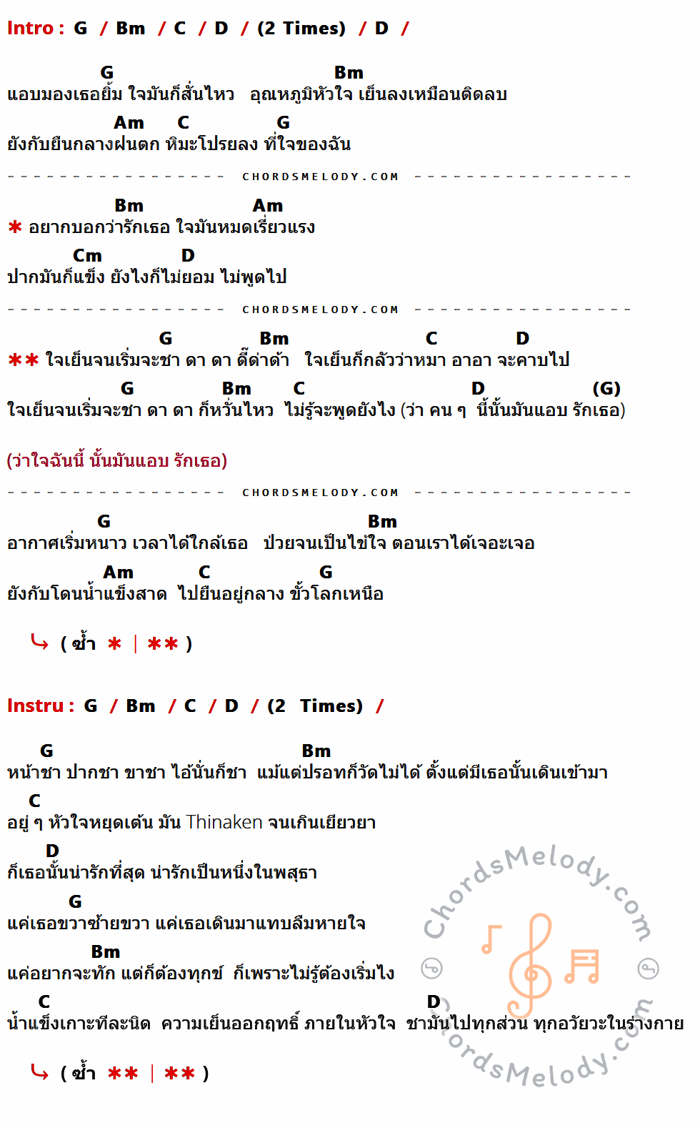 คอร์ดเพลง ใจเย็น - Pancake เนื้อร้อง มีคอร์ดกีต้าร์ ในกลุ่มคีย์ G,Bm,C,D,Am,Cm กำกับ