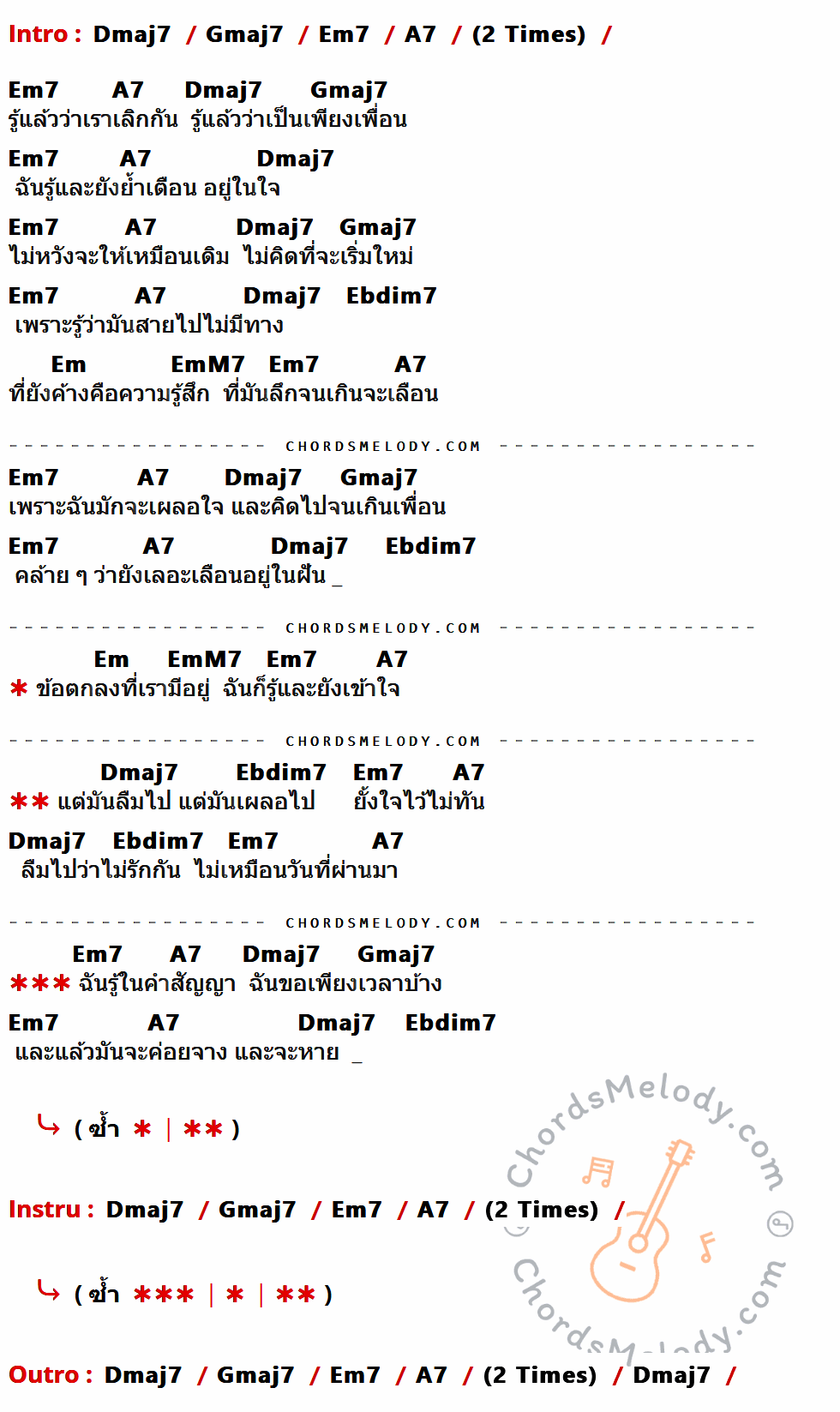 คอร์ดเพลง ลืมไปไม่รักกัน - Nuvo เนื้อร้อง มีคอร์ดกีต้าร์ ในกลุ่มคีย์ Dmaj7,Gmaj7,Em7,A7,Ebdim7,Em,EmM7 กำกับ