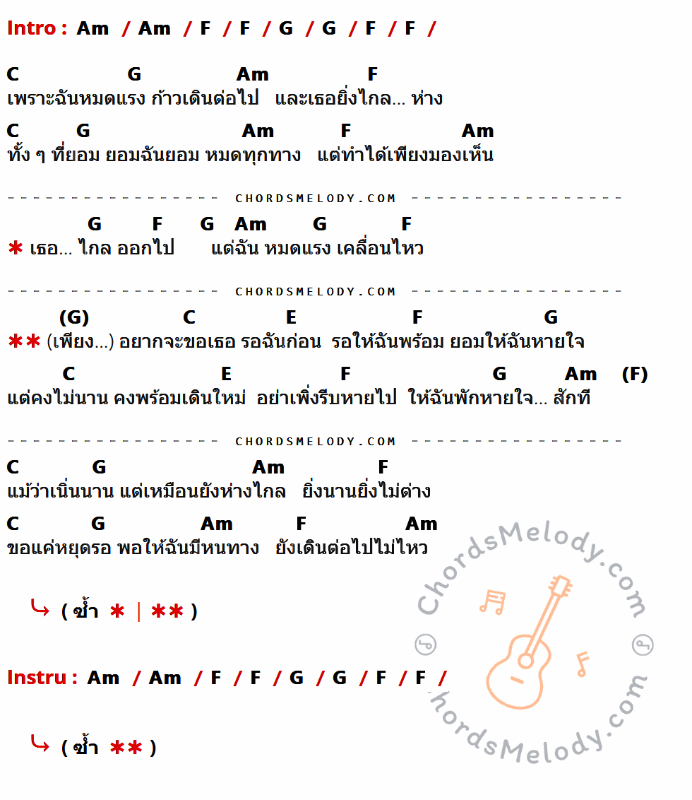 คอร์ดเพลง หายใจ - Moving And Cut เนื้อร้อง มีคอร์ดกีต้าร์ ในกลุ่มคีย์ Am,F,G,C,E กำกับ