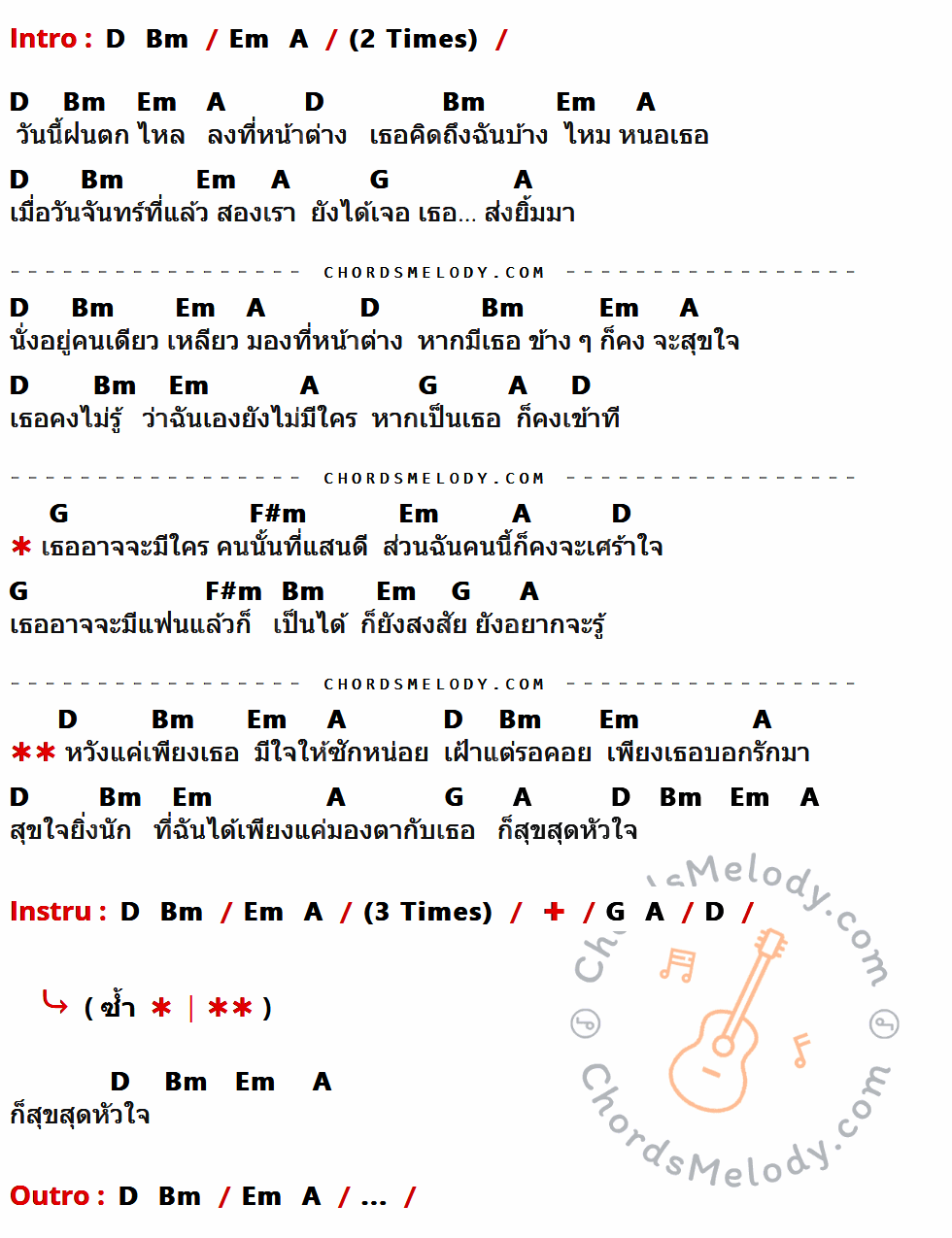 เนื้อเพลง ฝนตกที่หน้าต่าง ของ Loso มีคอร์ดกีต้าร์ ในคีย์ที่ต่างกัน D,Bm,Em,A,G,F#m