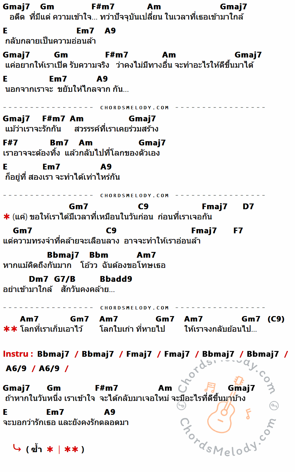 เนื้อเพลง กลับไปที่โลก ของ Penguin Villa มีคอร์ดกีต้าร์ ในคีย์ที่ต่างกัน Gmaj7,Gm,F#m7,Am,E,Em7,A9,F#7,Bm7,Gm7,C9,Fmaj7,D7,F7,Bbmaj7,Bbm,Am7,Dm7,G7/B,Bbadd9,A6/9