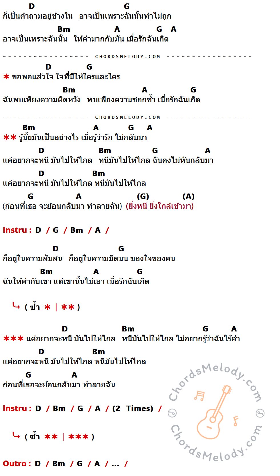 เนื้อเพลง เมื่อรักฉันเกิด ของ Silly Fools ที่มีคอร์ดกีต้าร์ D,G,Bm,A