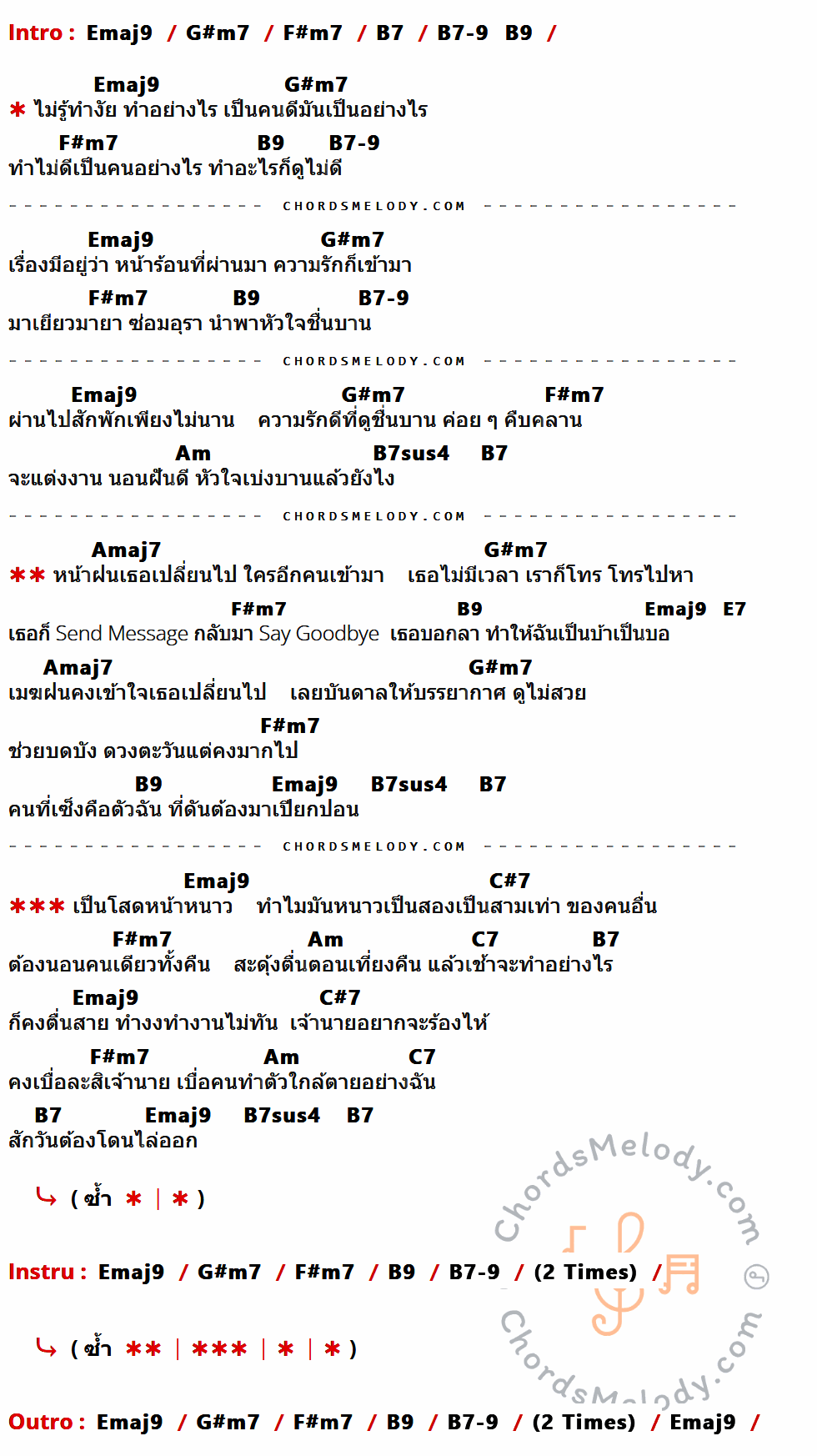 เนื้อเพลง โสดหน้าหนาว ของ Taladplu Cool Play ที่มีคอร์ดกีต้าร์ Emaj9,G#m7,F#m7,B7,B7-9,B9,Am,B7sus4,Amaj7,E7,C#7,C7