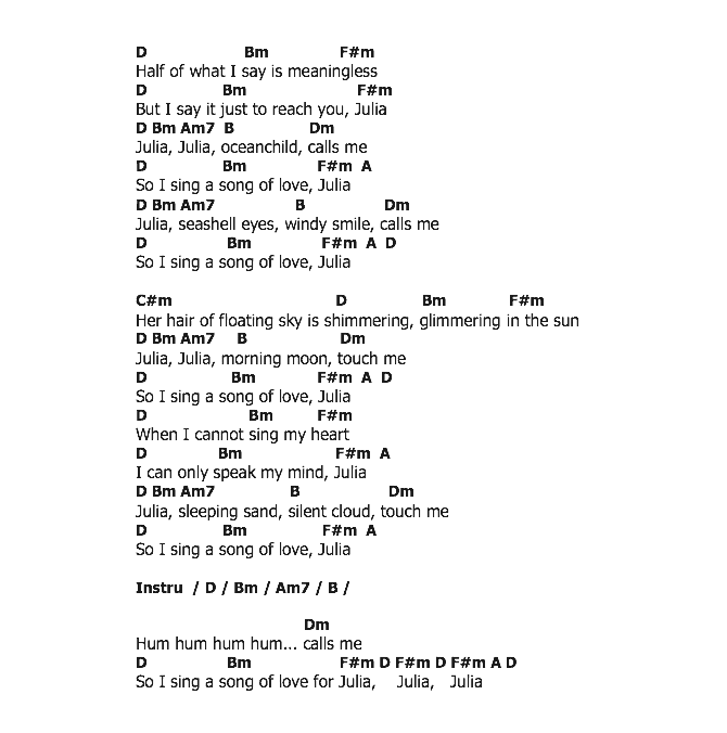 คอร์ดเพลง เนื้อเพลง Julia, คอร์ดเพลง Julia ของ The Beatles, คอร์ดเพลงของ The Beatles, เนื้อร้อง Julia The Beatles, Julia คอร์ดง่าย ๆ, คอร์ด Julia ต้นฉบับ
