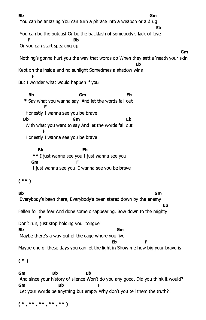 คอร์ดเพลง เนื้อเพลง Brave, คอร์ดเพลง Brave ของ Sara Bareilles, คอร์ดเพลงของ Sara Bareilles, เนื้อร้อง Brave Sara Bareilles, Brave คอร์ดง่าย ๆ, คอร์ด Brave ต้นฉบับ