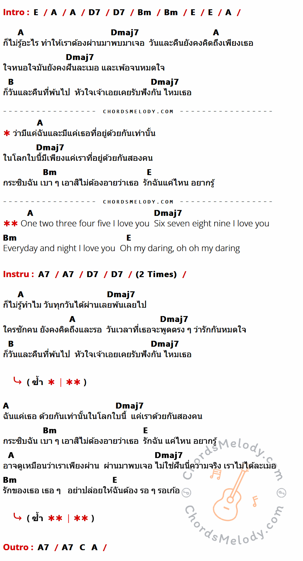 เนื้อเพลง 1 2 3 4 5 I Love You ของ The Bottom Blues ที่มีคอร์ดกีต้าร์ E,A,D7,Bm,Dmaj7,B,A7,C