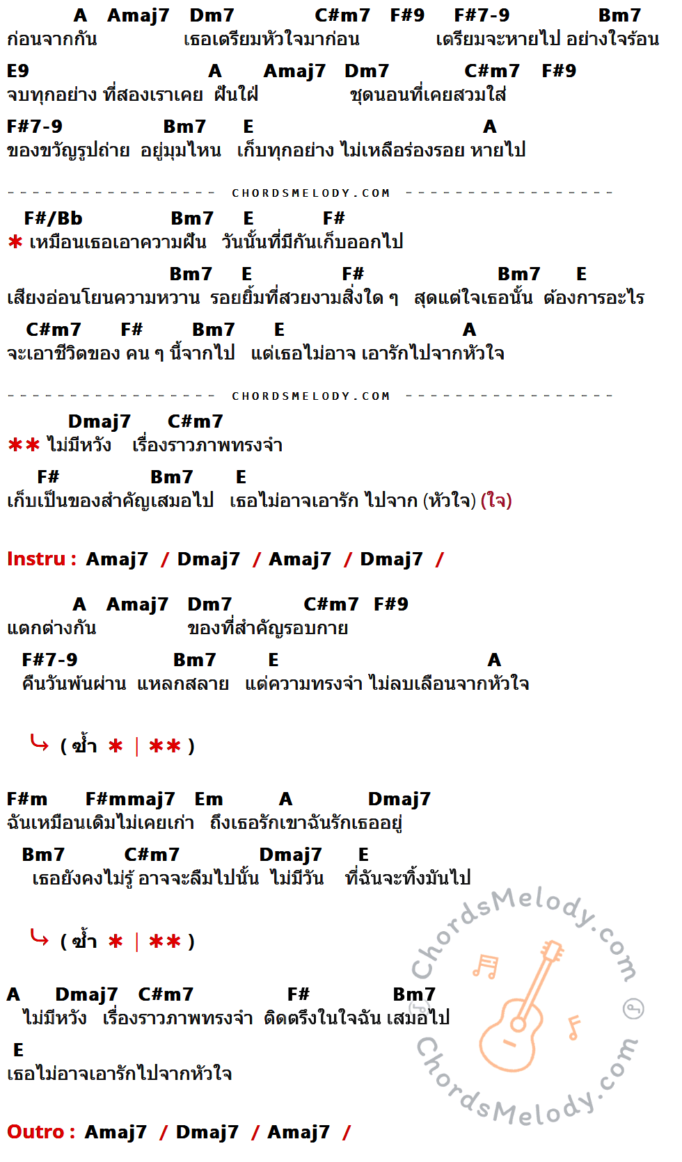 เนื้อเพลง เธอไม่อาจเอารักไปจากหัวใจ ของ Tattoo Colour ที่มีคอร์ด ในกลุ่มคีย์ A,Amaj7,Dm7,C#m7,F#9,F#7-9,Bm7,E9,E,F#/Bb,F#,Dmaj7,F#m,F#mmaj7,Em ประกอบ