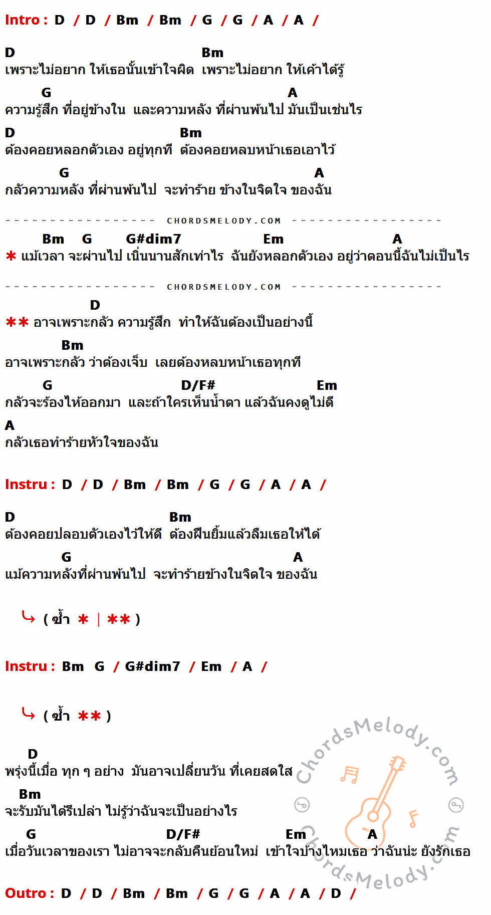เนื้อเพลง กลัว ของ Tony Phee ที่มีคอร์ด ในกลุ่มคีย์ D,Bm,G,A,G#dim7,Em,D/F# ประกอบ
