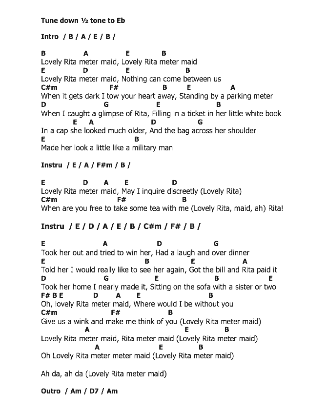 คอร์ดเพลง เนื้อเพลง Lovely Rita, คอร์ดเพลง Lovely Rita ของ The Beatles, คอร์ดเพลงของ The Beatles, เนื้อร้อง Lovely Rita The Beatles, Lovely Rita คอร์ดง่าย ๆ, คอร์ด Lovely Rita ต้นฉบับ