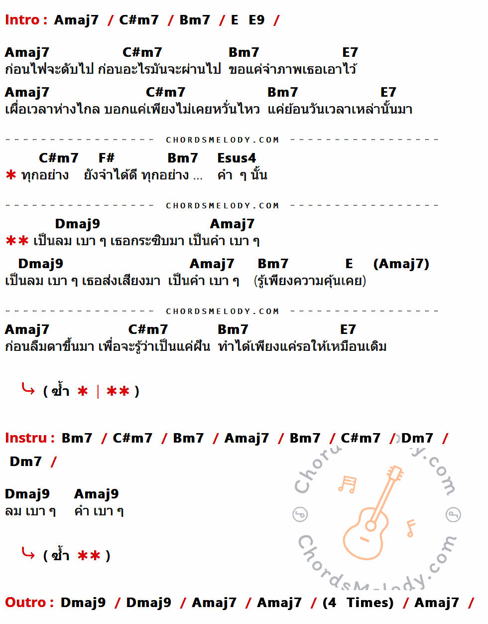 เนื้อเพลง ลมเบาเบา ของ Scrubb ที่มีคอร์ดกีต้าร์ Amaj7,C#m7,Bm7,E,E9,E7,F#,Esus4,Dmaj9,Dm7,Amaj9