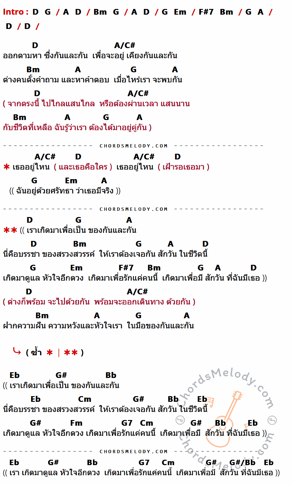 เนื้อเพลง สักวันที่ฉันมีเธอ ของ Tong & Jennie ที่มีคอร์ด ในกลุ่มคีย์ D,G,A,Bm,Em,F#7,A/C#,Eb,G#,Bb,Cm,Fm,G7,G#/Bb ประกอบ