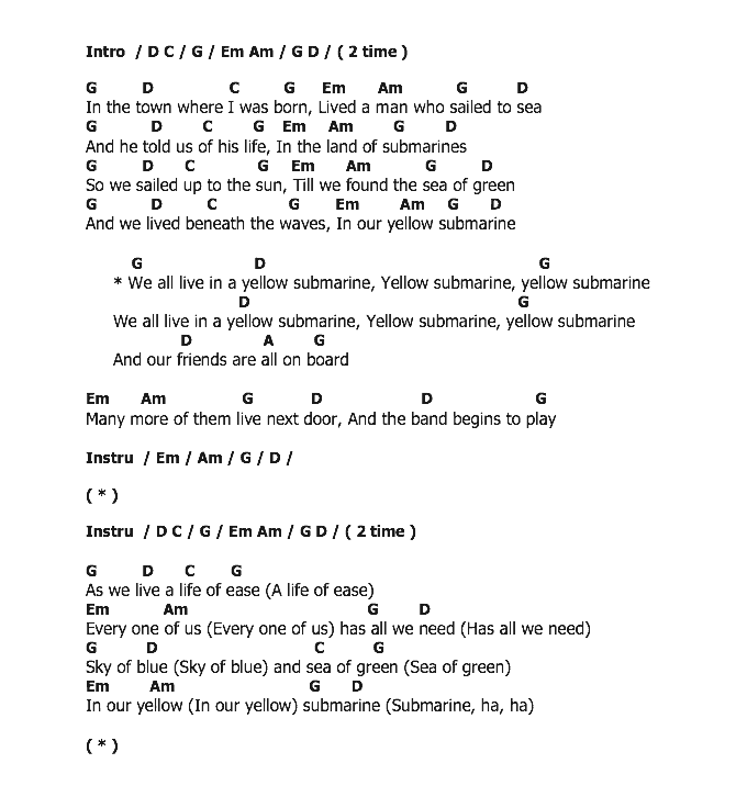 คอร์ดเพลง เนื้อเพลง Yellow Submarine, คอร์ดเพลง Yellow Submarine ของ The Beatles, คอร์ดเพลงของ The Beatles, เนื้อร้อง Yellow Submarine The Beatles, Yellow Submarine คอร์ดง่าย ๆ, คอร์ด Yellow Submarine ต้นฉบับ
