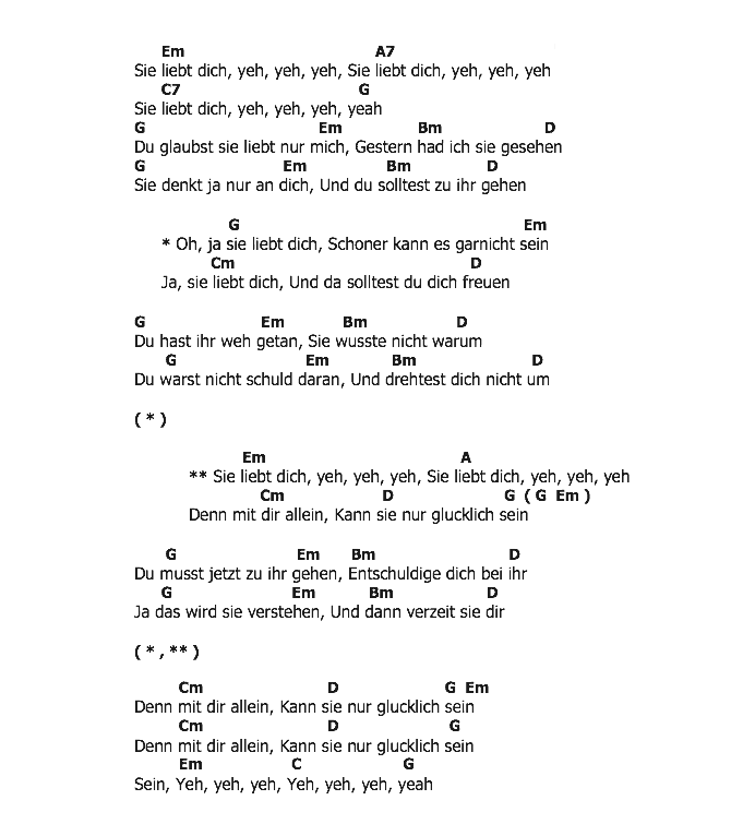 คอร์ดเพลง เนื้อเพลง Sie Liebt Dich, คอร์ดเพลง Sie Liebt Dich ของ The Beatles, คอร์ดเพลงของ The Beatles, เนื้อร้อง Sie Liebt Dich The Beatles, Sie Liebt Dich คอร์ดง่าย ๆ, คอร์ด Sie Liebt Dich ต้นฉบับ