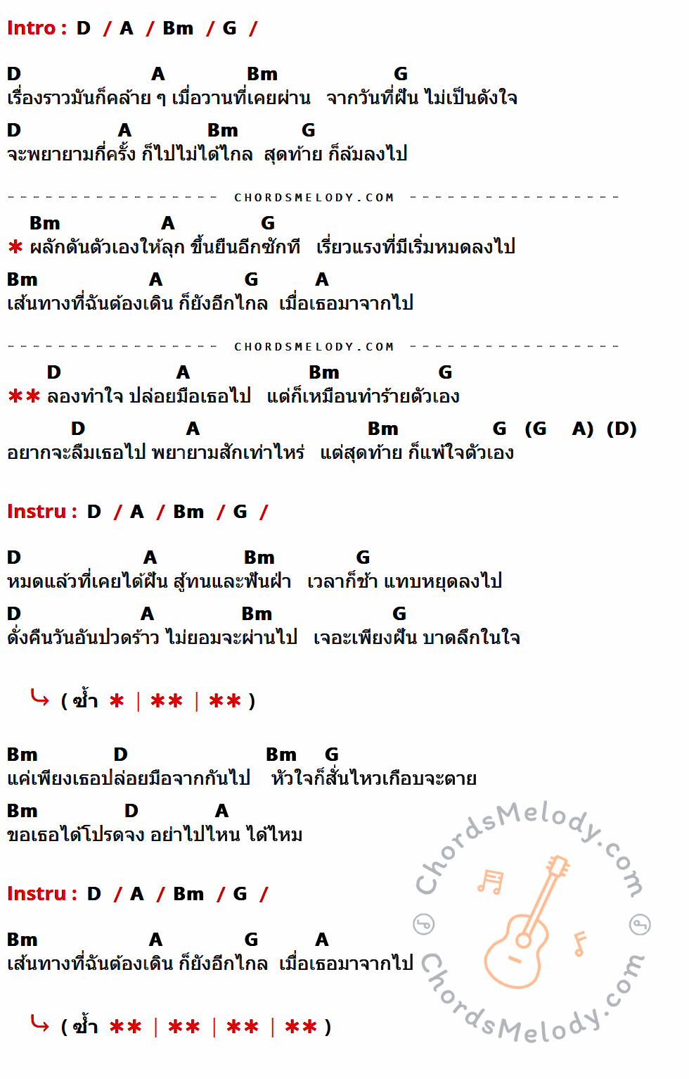 เนื้อเพลง ทำร้าย ของ Silly Fools ที่มีคอร์ด ในกลุ่มคีย์ D,A,Bm,G ประกอบ
