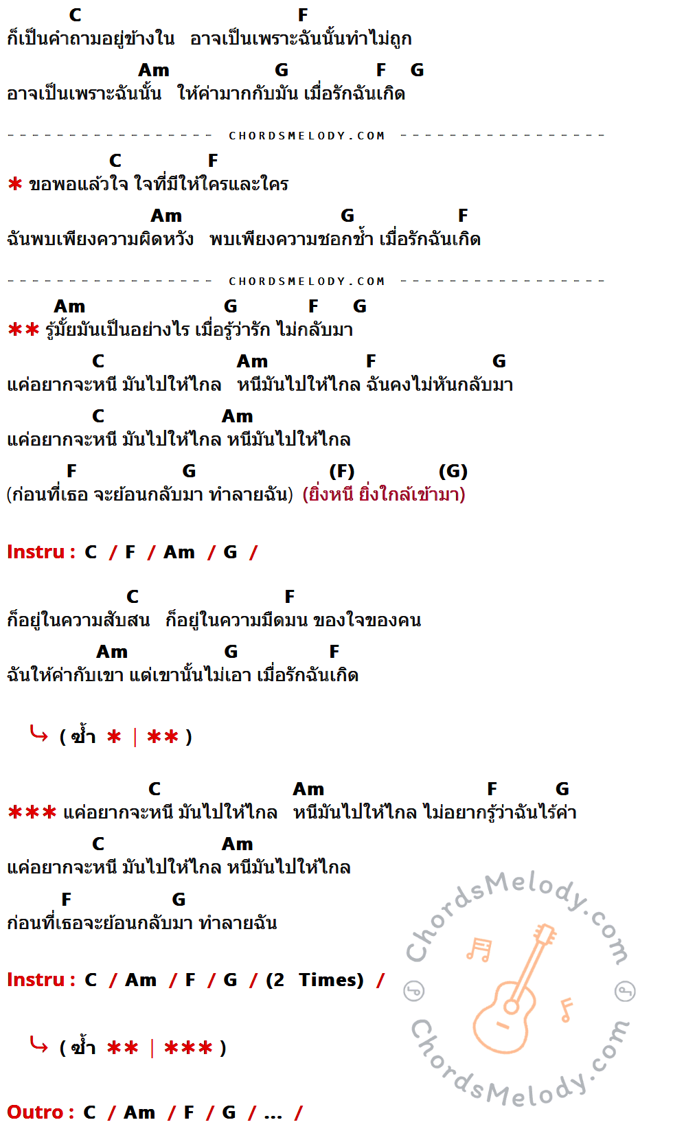 คอร์ดเพลง เมื่อรักฉันเกิด - Silly Fools เนื้อร้อง มีคอร์ดกีต้าร์ ในกลุ่มคีย์ C,F,Am,G กำกับ