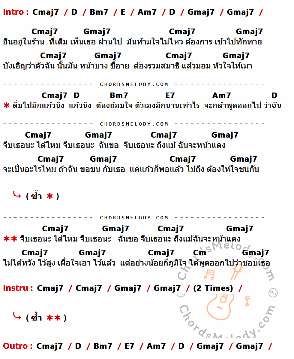 คอร์ดเพลง จีบเธอนะ - Skykick Ranger เนื้อร้อง มีคอร์ดกีต้าร์ ในกลุ่มคีย์ Cmaj7,D,Bm7,E,Am7,Gmaj7,E7,Cm กำกับ