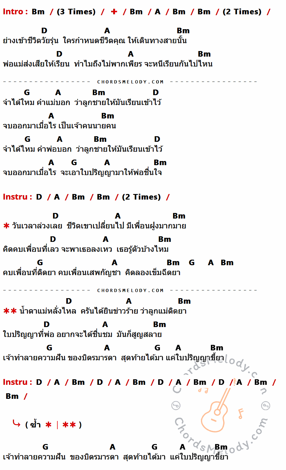 คอร์ดเพลง ปริญญาขี้ยา - Save The Nature เนื้อร้อง มีคอร์ดกีต้าร์ ในกลุ่มคีย์ Bm,A,D,G กำกับ