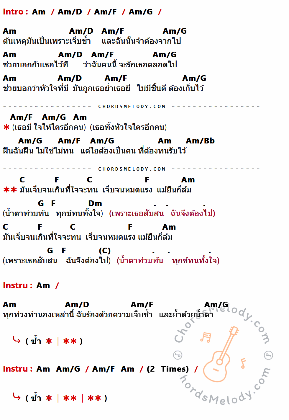 คอร์ดเพลง เจ็บ - Silly Fools เนื้อร้อง มีคอร์ดกีต้าร์ ในกลุ่มคีย์ Am,Am/D,Am/F,Am/G,Am/Bb,C,F,G,Dm กำกับ