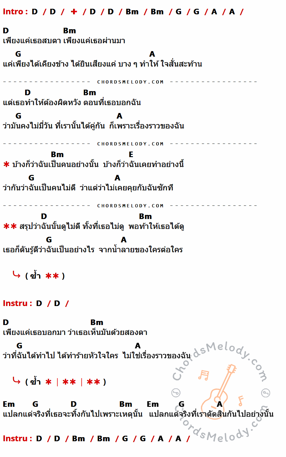 เนื้อเพลง น้ำลาย ของ Silly Fools มีคอร์ดกีต้าร์ ในคีย์ที่ต่างกัน C,Am,F,G,D,Dm