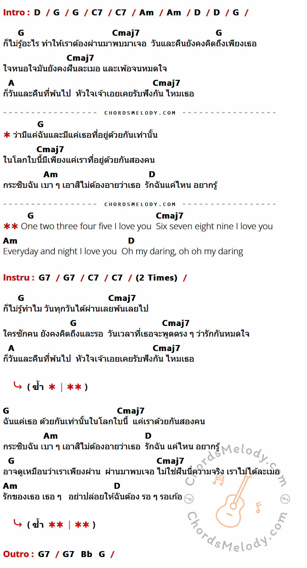 เนื้อเพลง 1 2 3 4 5 I Love You ของ The Bottom Blues มีคอร์ดกีต้าร์ ในคีย์ที่ต่างกัน D,G,C7,Am,Cmaj7,A,G7,Bb