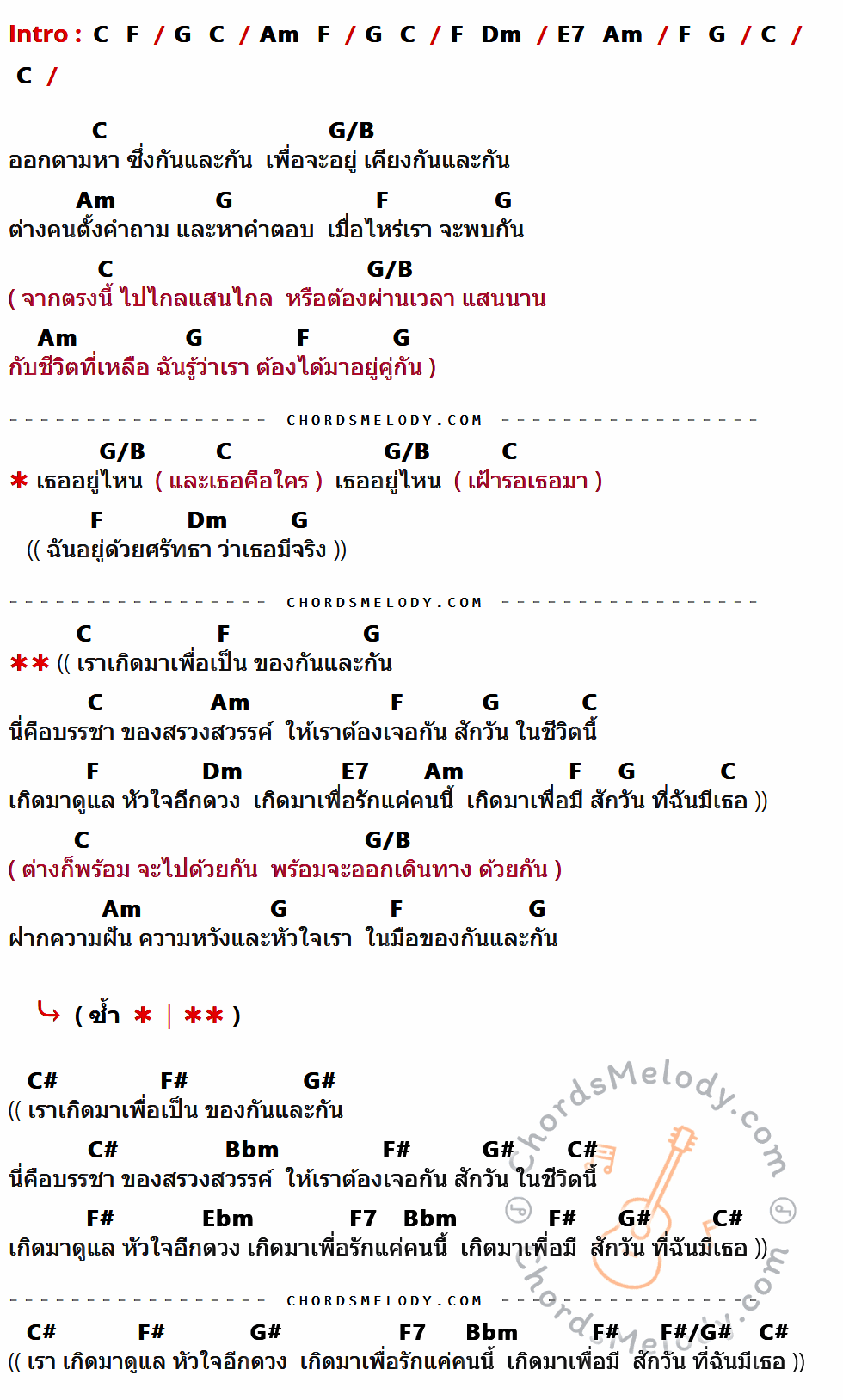 เนื้อเพลง สักวันที่ฉันมีเธอ ของ Tong & Jennie มีคอร์ดกีต้าร์ ในคีย์ที่ต่างกัน G,C,D,Em,Am,B7,D/F#,G#,C#,Eb,Fm,Bbm,C7,C#/Eb