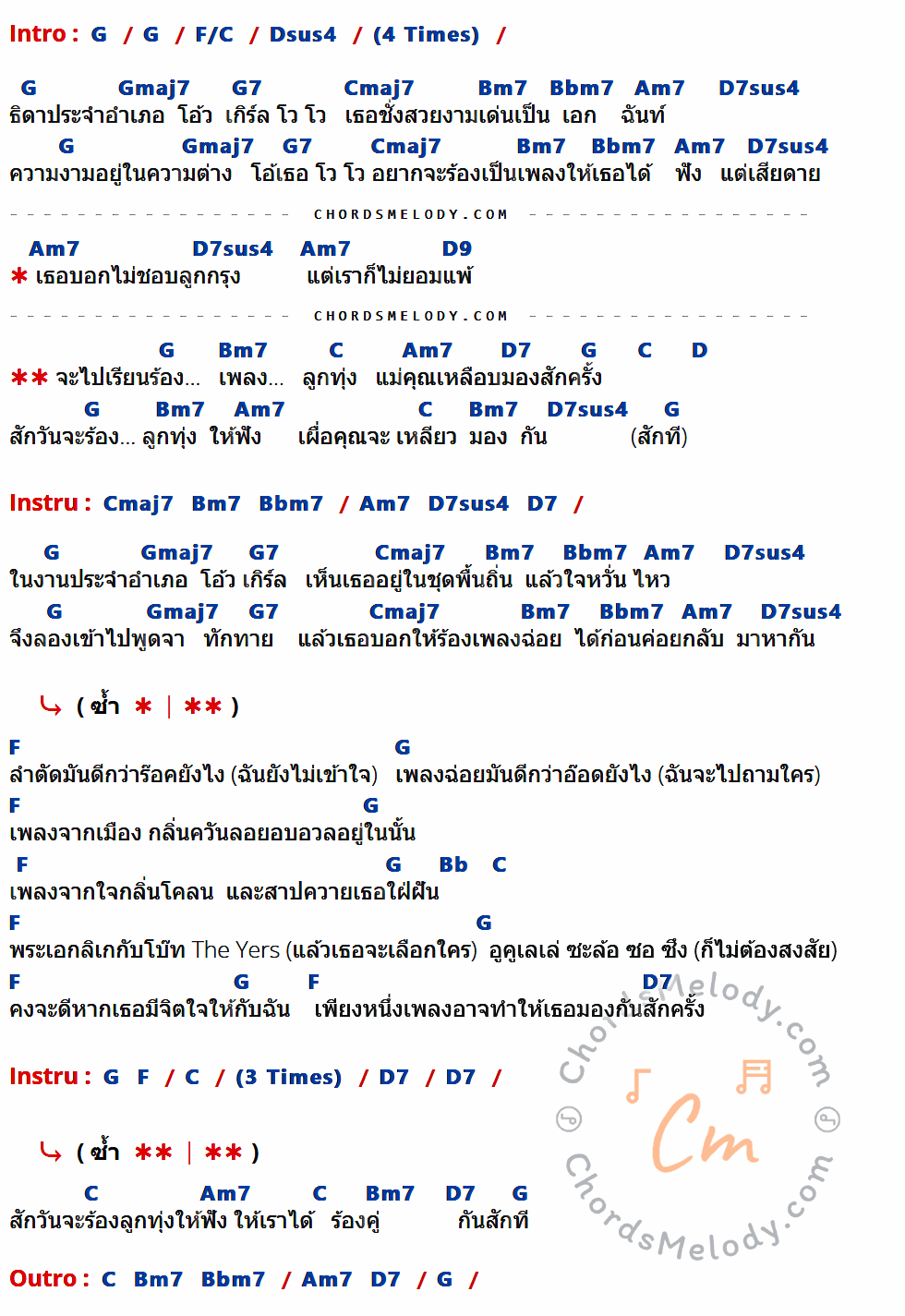 เนื้อเพลง ธิดาประจำอำเภอ ของ The Richman Toy มีคอร์ดกีต้าร์ ในคีย์ที่ต่างกัน G,F/C,Dsus4,Gmaj7,G7,Cmaj7,Bm7,Bbm7,Am7,D7sus4,D9,C,D7,D,F,Bb