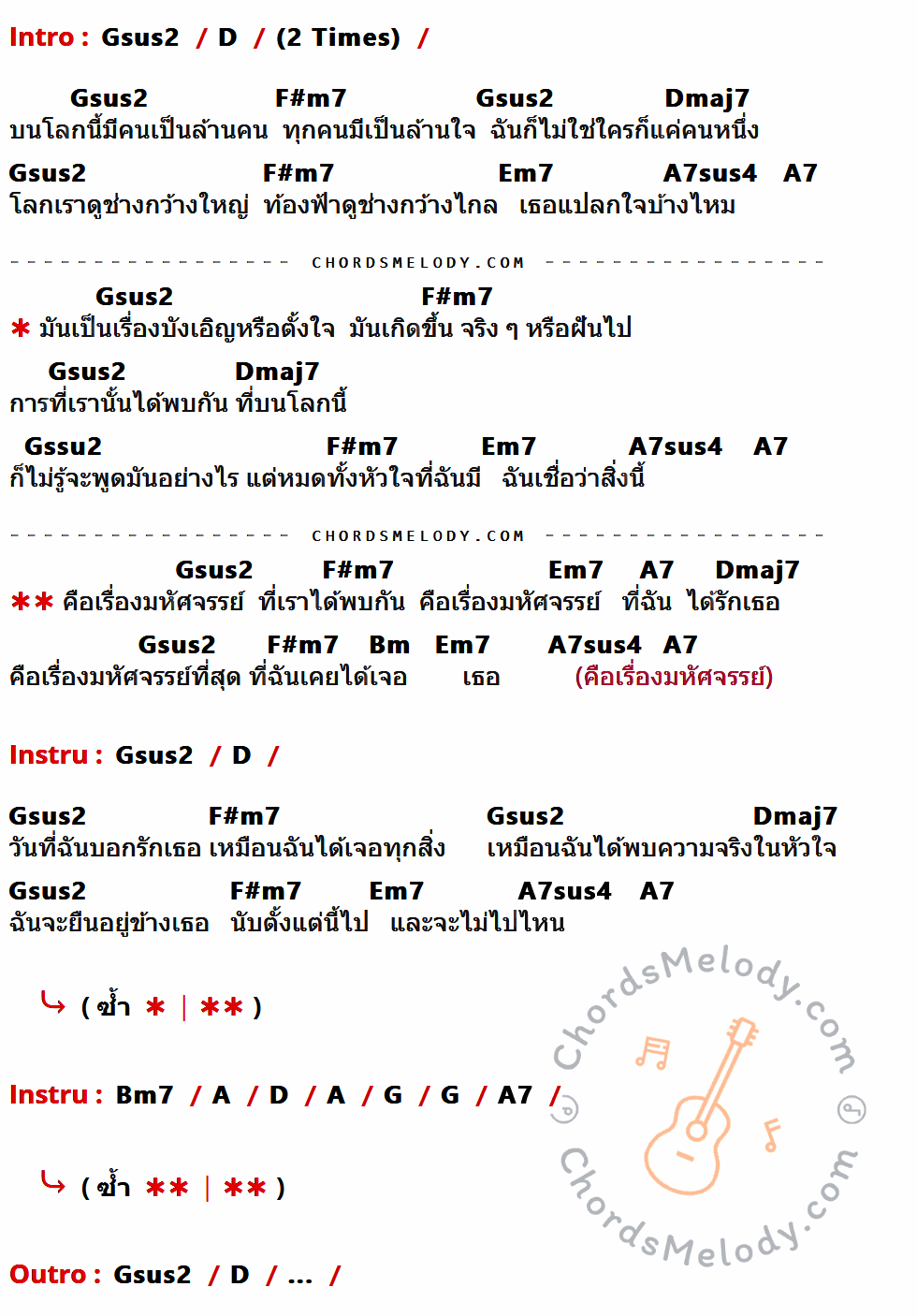 เนื้อเพลง เรื่องมหัศจรรย์ ของ Sofa มีคอร์ดกีต้าร์ ในคีย์ที่ต่างกัน Gsus2,D,F#m7,Dmaj7,Em7,A7sus4,A7,Gssu2,Bm,Bm7,A,G