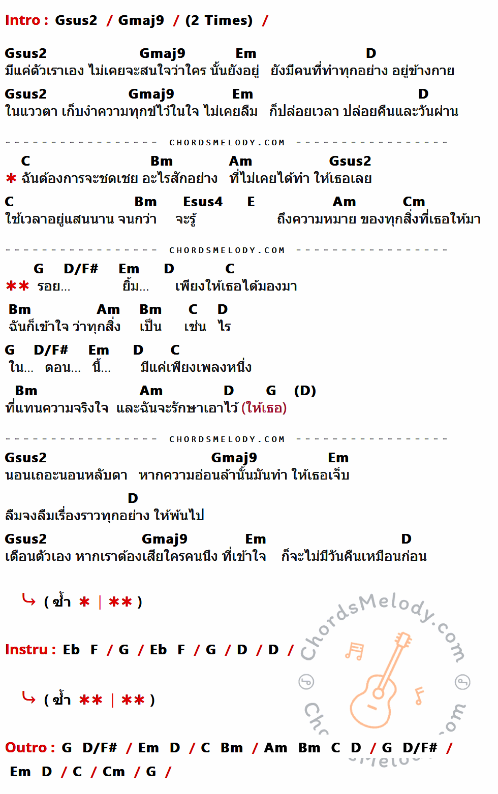 เนื้อเพลง รอยยิ้ม ของ ซูเปอร์ซับ (Supeub) มีคอร์ดกีต้าร์ ในคีย์ที่ต่างกัน Gsus2,Gmaj9,Em,D,C,Bm,Am,Esus4,E,Cm,G,D/F#